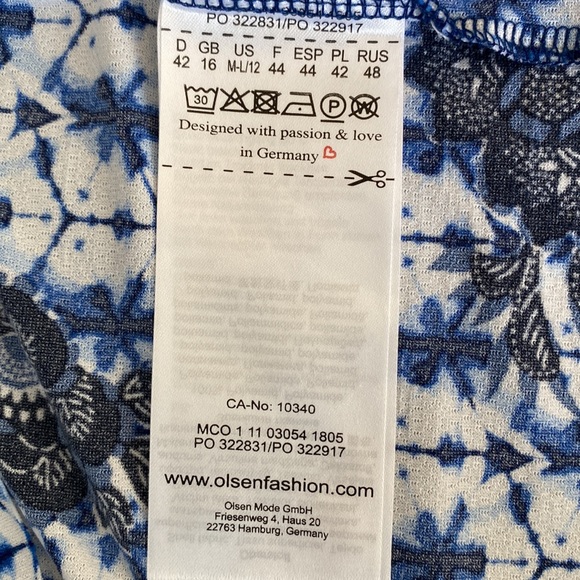 OLSEN Europe women’s top size US 12 white & blue & black floral flared sleeves - Picture 6 of 9